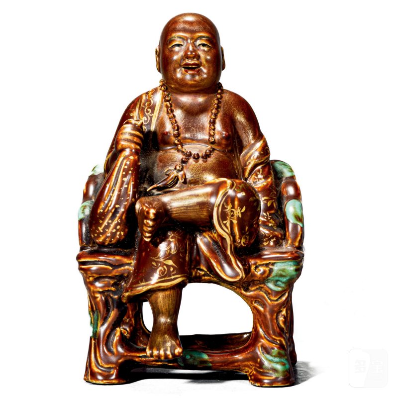 清中期 紫金釉描金布袋罗汉坐像 - 图1